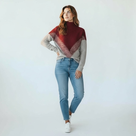 Bloomingdales Pullover Sweater Wool Knit Gray/Burgundy High Neck Size XS - Picture 3 of 13